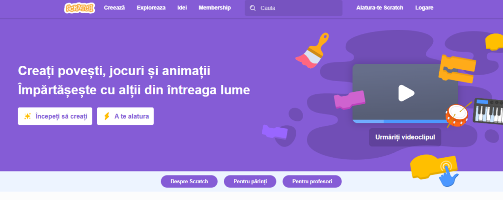 Programare pentru copii de 8-11 ani: print screen pagina web Scratch