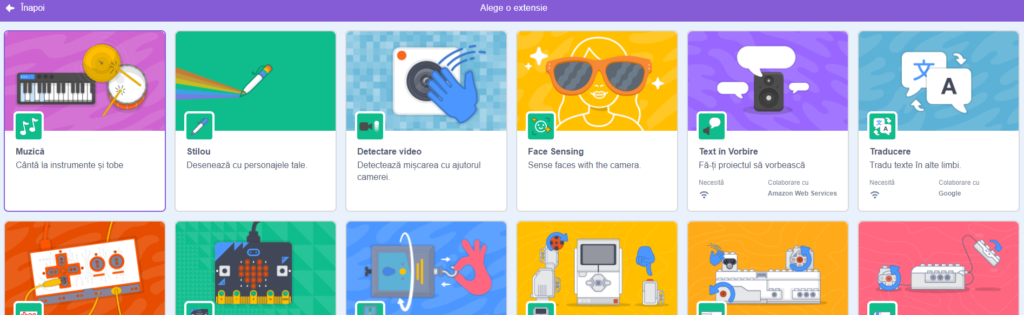 Ce este inteligența artificială: cum să-i explici copilului în 5 minute 8 Pagina de extensii, printre care si extensii de AI - Captura de ecran din platforma Scratch